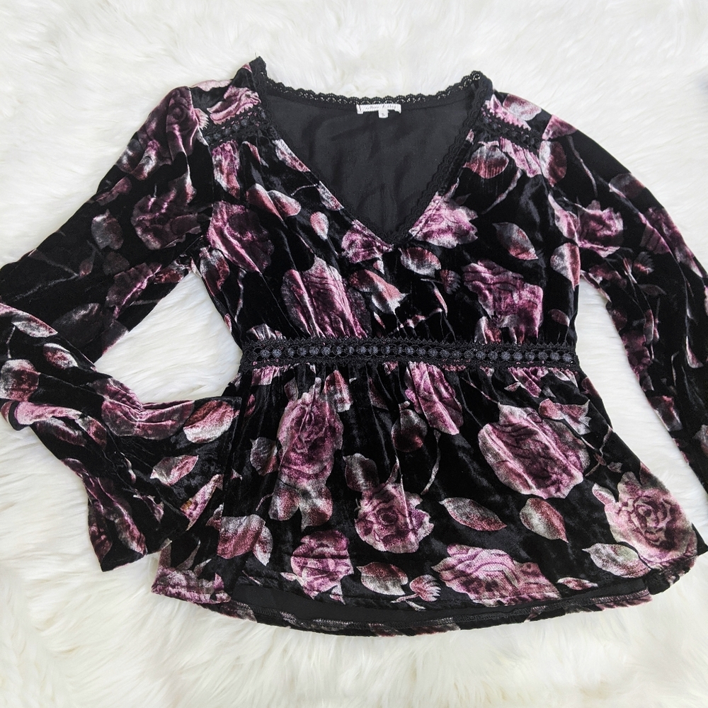 Willow & Clay Nordstrom Velvet Floral Blouse Women’s Small | Long Sleeve V-Neck - Picture 2 of 8